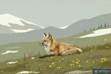 A fox in an alpine meadow, in early spring