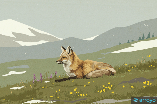 A fox in an alpine meadow, in early spring