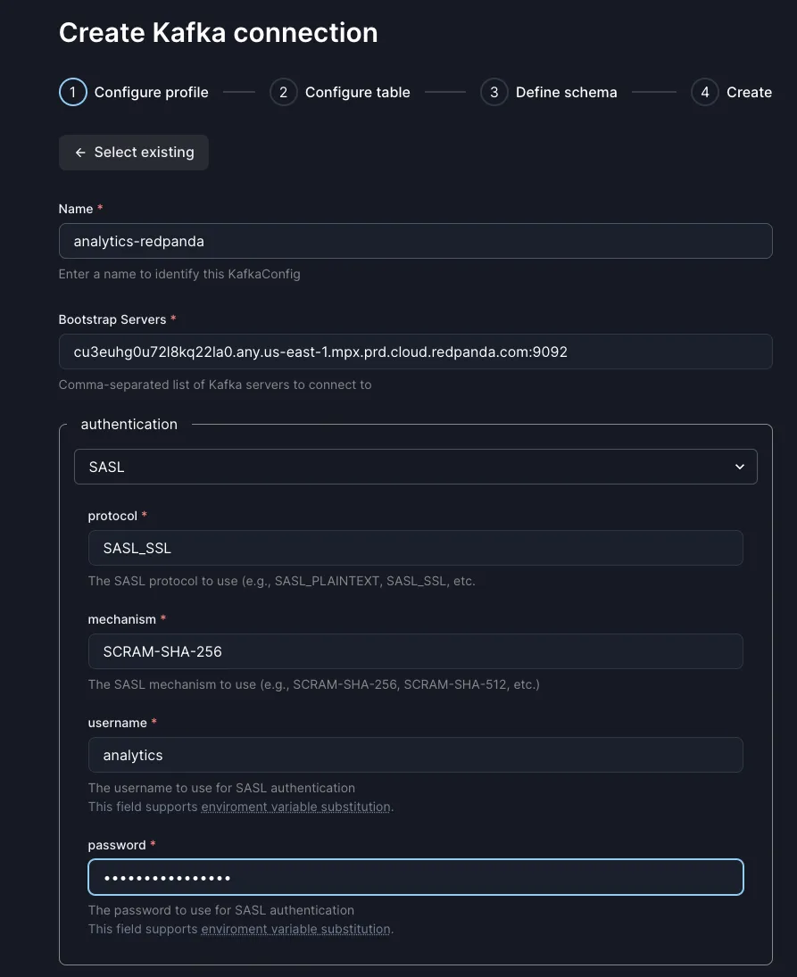 Creating the Kafka connection in Arroyo