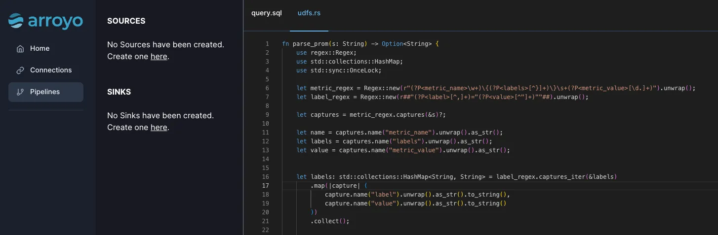 Entering the parse_prom UDF in the Arroyo Web UI