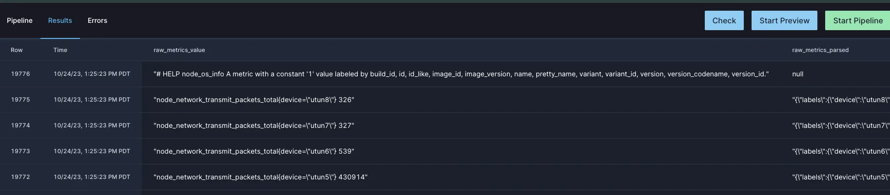 Viewing the initial results of previewing the pipeline