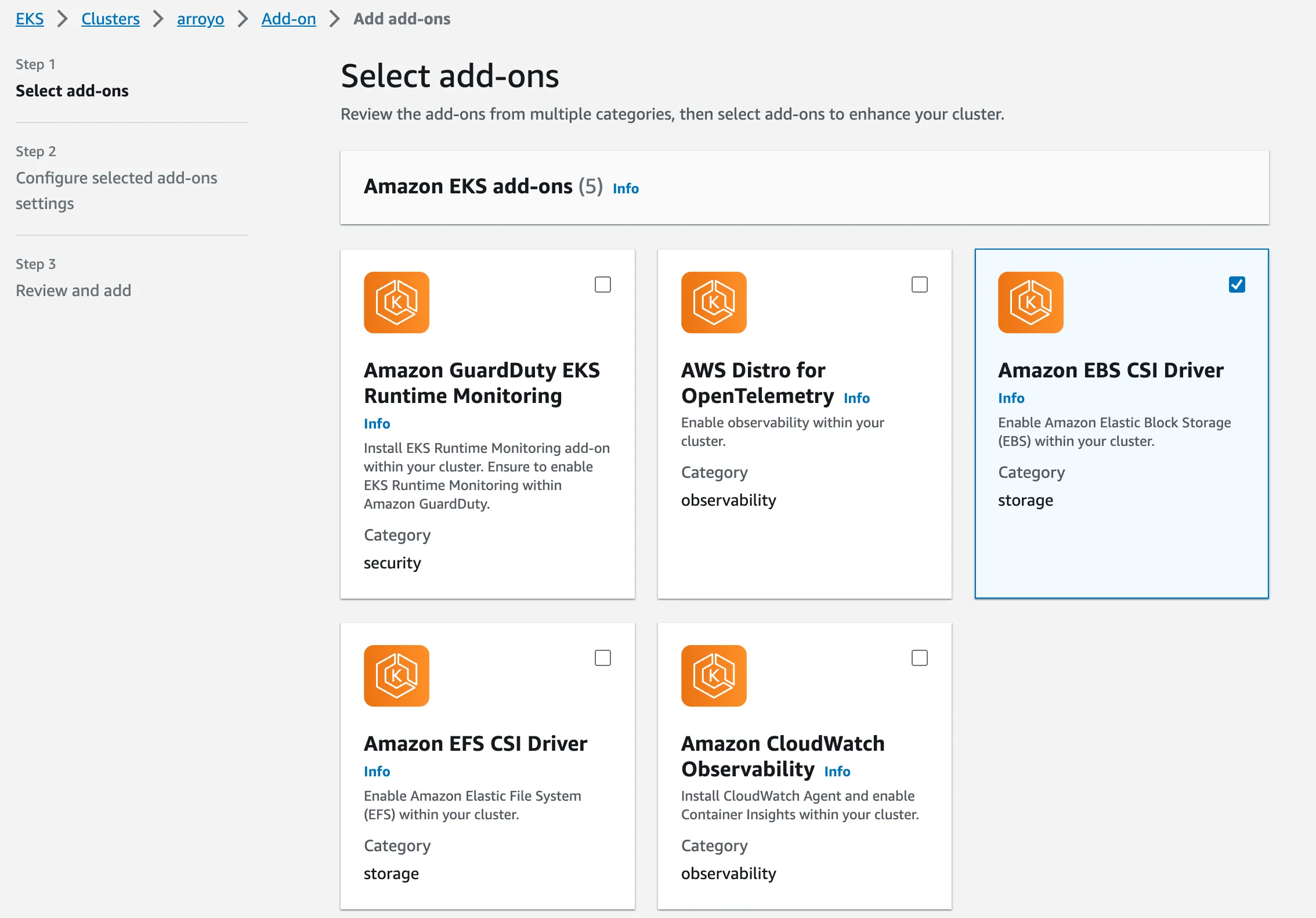 Select the EBS CSI addon