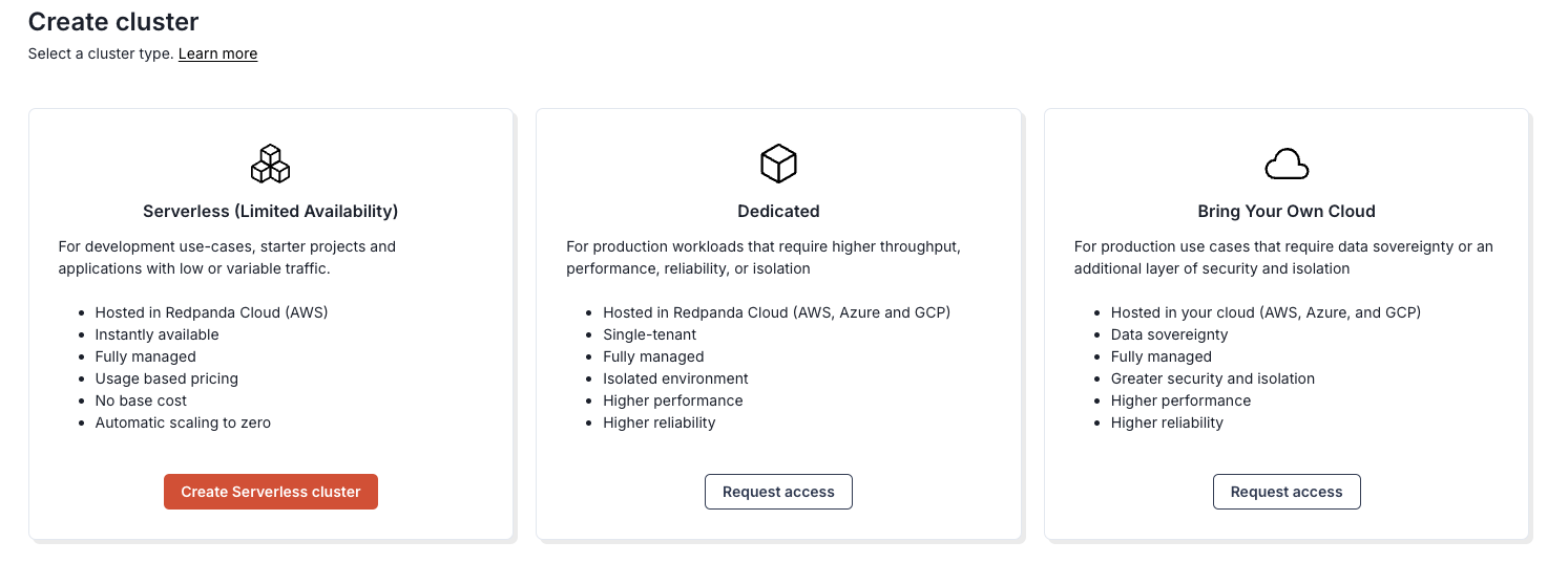 Selecting the serverless Redpanda cluster option